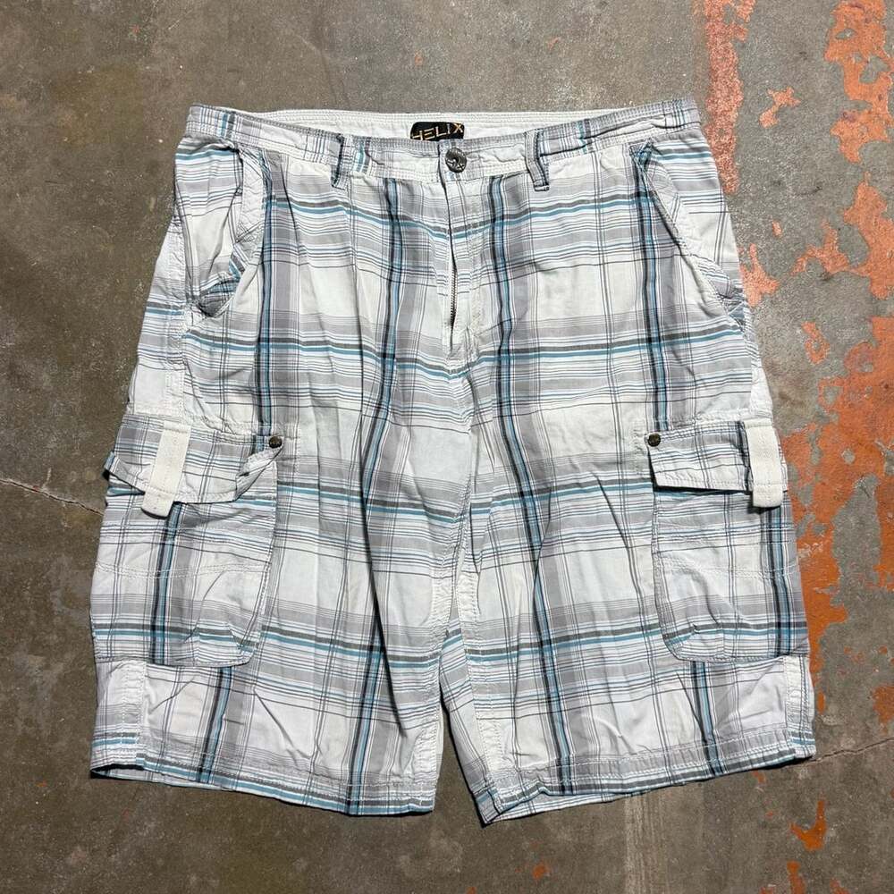 Helix Plaid Cargo Shorts White Gray Blue Size 36